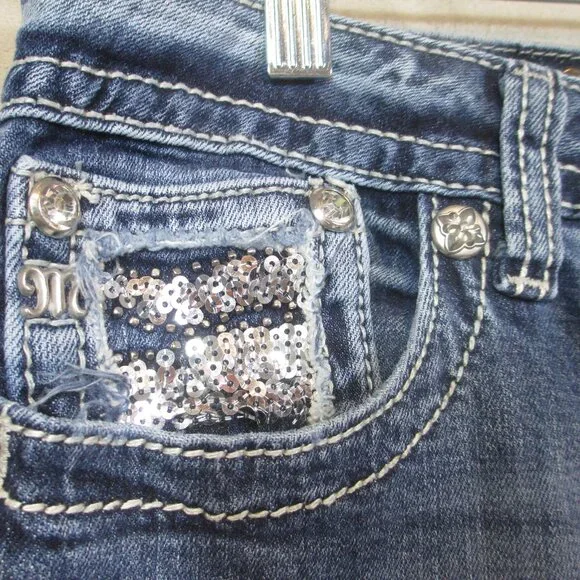 MISS ME Women's Denim Crystals Rhinestone Low Rise Cuffed Capri Blue Jeans 32 - Picture 5 of 9